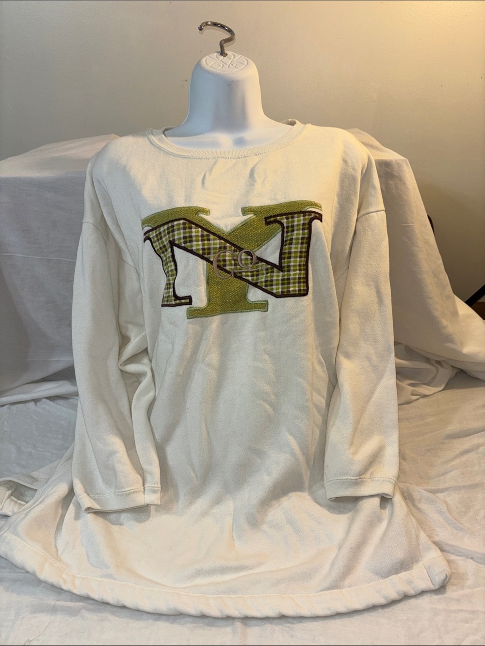 Oversized Crewneck Sweatshirt  Green Plaid Appliqué New York warm, comfort U